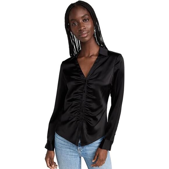 Theory Women's Ruched Button-Up Shirt in Satin Black, Size Large - Picture 1 of 6